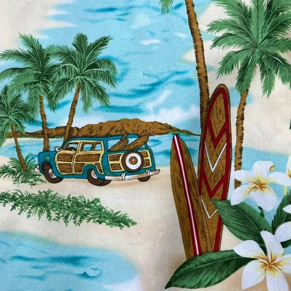 Kys Hawaiian Shirt Men XL Woody Wagon Car‎ Surf Board Tropical 100% Cotton USA
